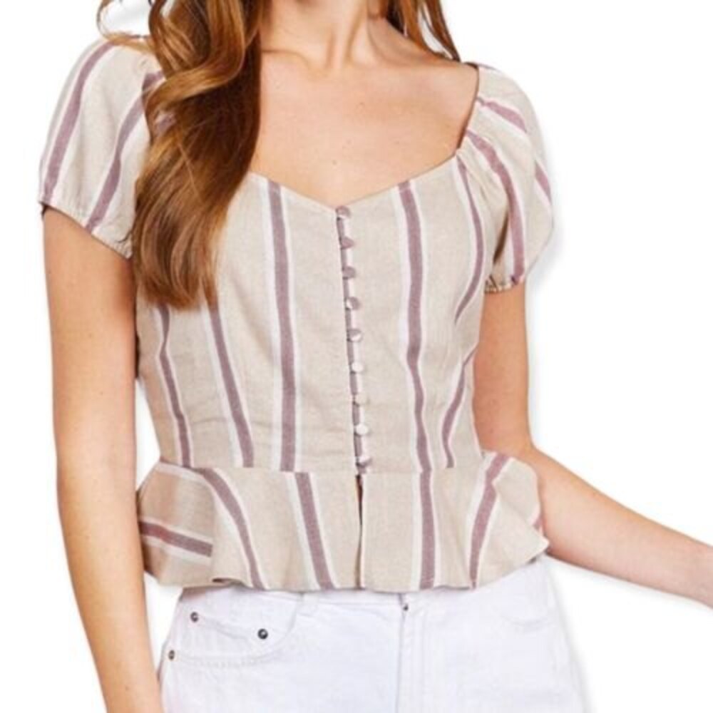 Active USA Button Down Ruffle Hem Print Linen Blend Woven Babydoll Top